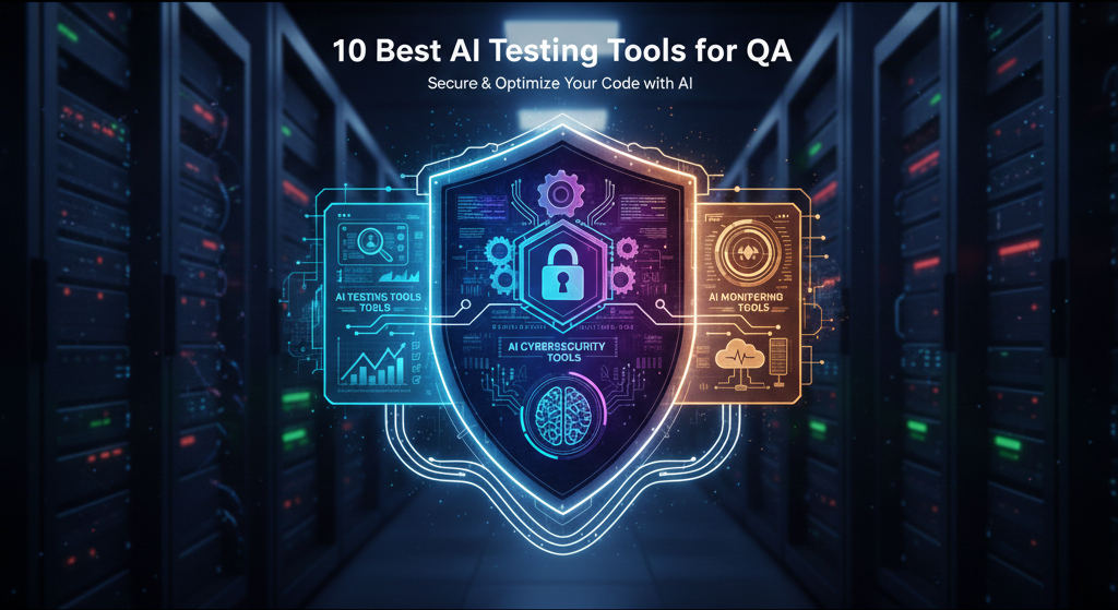 ai testing tools infographic showing software quality assurance automation within a secure server data center environment.