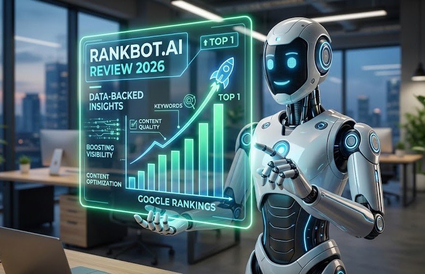 Gemini said Futuristic robot presenting a glowing hologram which displays "RANKBOT.AI REVIEW 2026" and a headline reading "BOOST YOUR GOOGLE RANKINGS" with an upward trending graph.