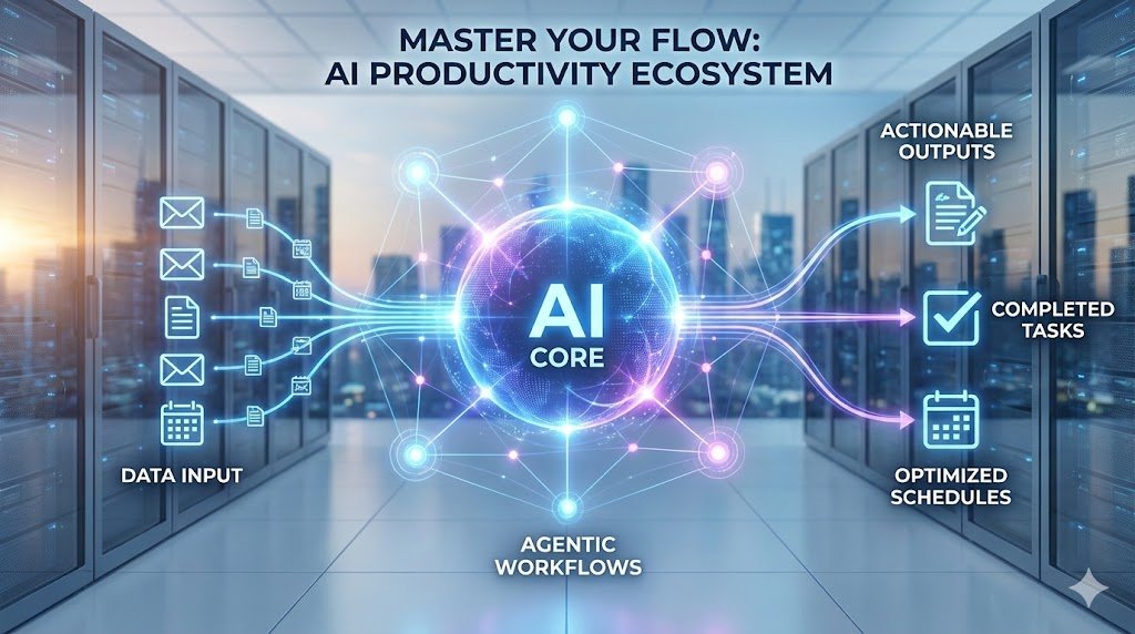 A futuristic digital infographic visualizing an ecosystem of ai productivity tools, showing how data inputs are processed through agentic workflows to create automated, actionable outputs and completed tasks.