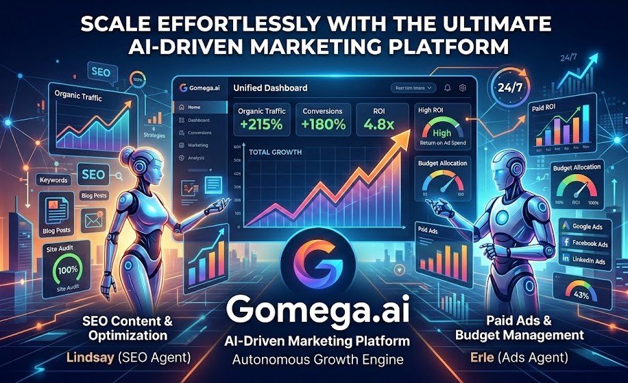 Gomega.ai dashboard featuring autonomous AI agents for SEO and Paid Ads growth management.