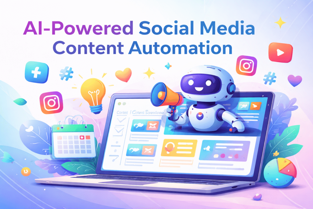 Illustration of Contents Pilot AI automating social media posts, showing a smiling robot with a megaphone, social media icons, a content calendar, and a laptop screen with scheduled content.