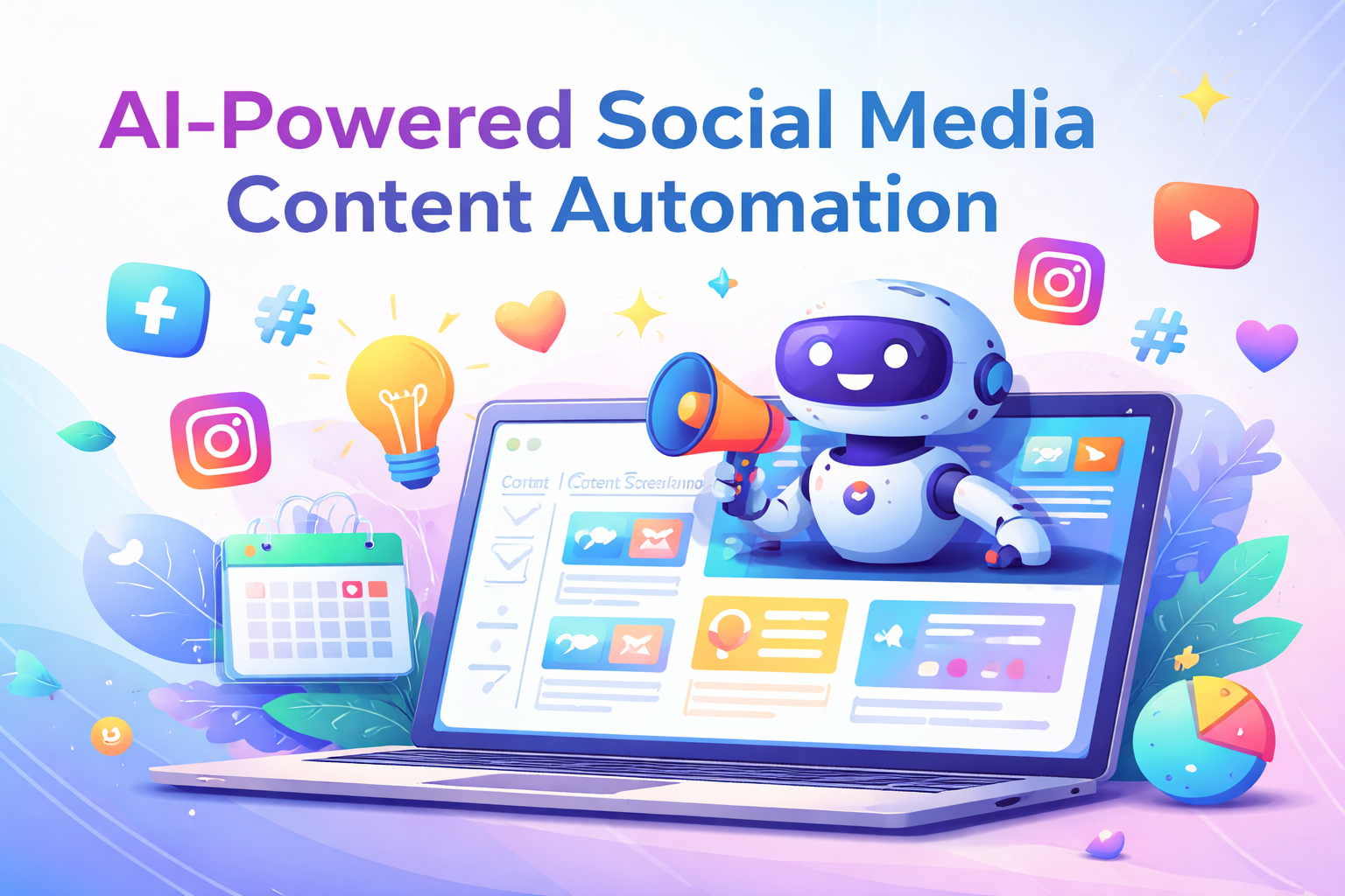 Illustration of Contents Pilot AI automating social media posts, showing a smiling robot with a megaphone, social media icons, a content calendar, and a laptop screen with scheduled content.