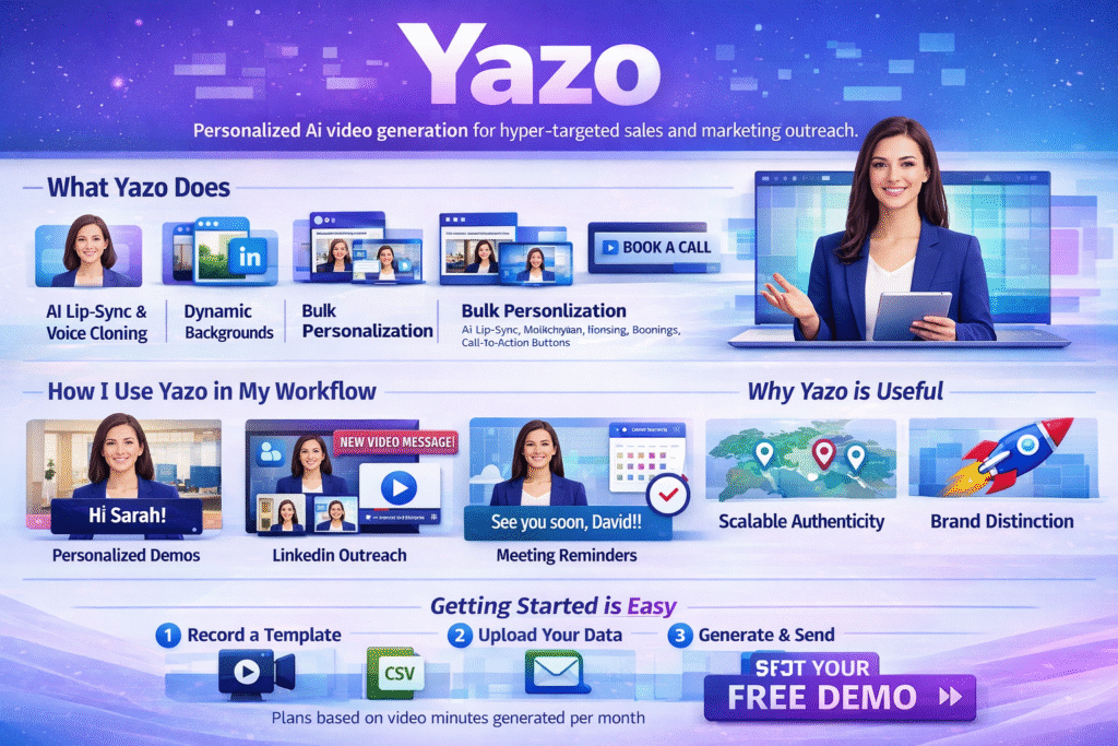 Landscape infographic of Yazo AI showing personalized video features, workflow uses, benefits, and a 3-step getting started guide for sales and marketing.