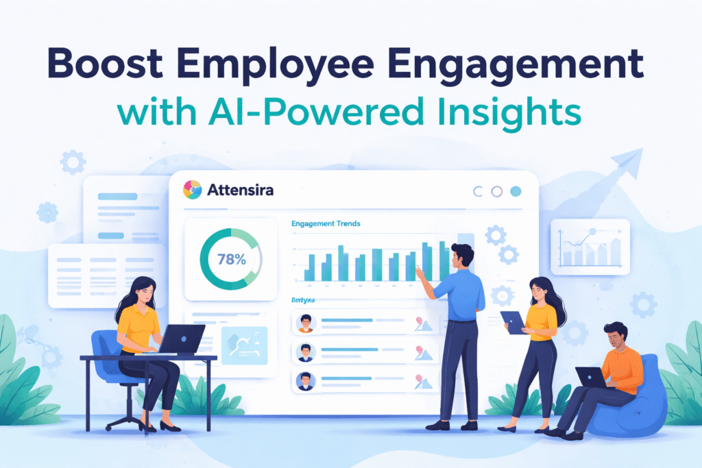 Attensira AI dashboard showing employee engagement and attention metrics, with diverse office employees interacting with data and analytics in a modern workspace.