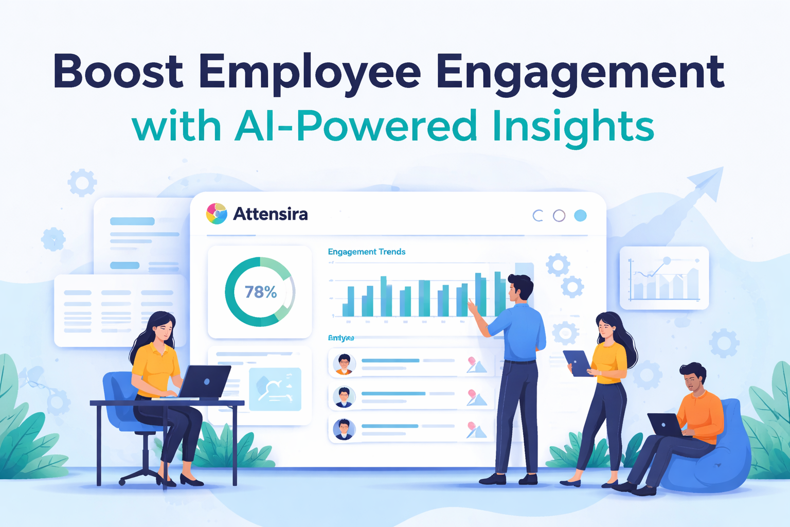 Attensira AI dashboard showing employee engagement and attention metrics, with diverse office employees interacting with data and analytics in a modern workspace.