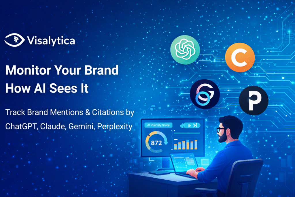 Visalytica AI brand monitoring dashboard on a laptop, with graphs tracking AI mentions and citations from ChatGPT, Claude, Gemini, and Perplexity, futuristic data visualization, and a professional workspace.