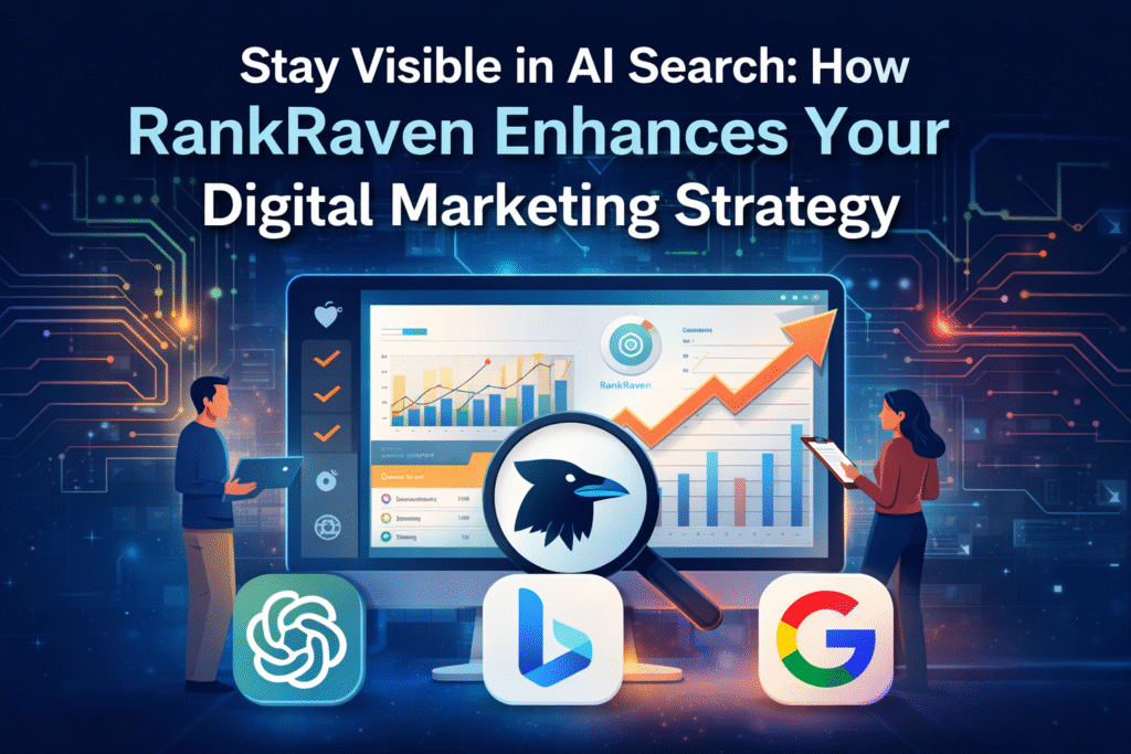 AI search analytics dashboard showing RankRaven tracking brand visibility across ChatGPT, Google Gemini, and Bing with rising performance charts and digital marketing insights