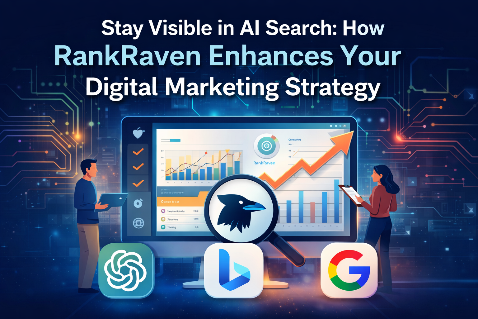 AI search analytics dashboard showing RankRaven tracking brand visibility across ChatGPT, Google Gemini, and Bing with rising performance charts and digital marketing insights