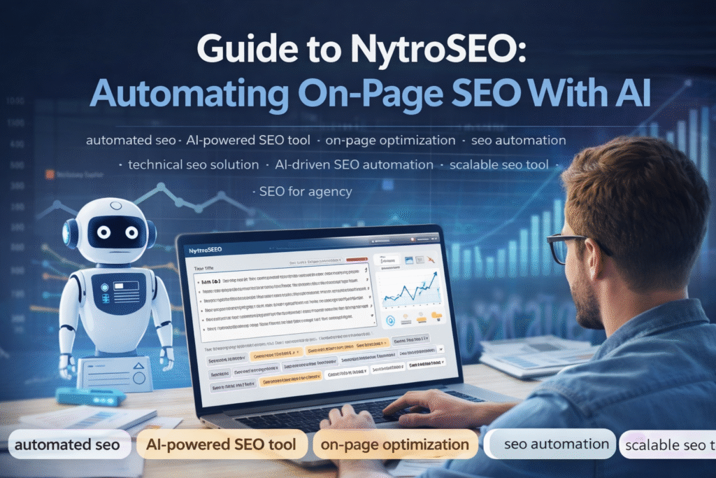 NytroSEO blog showing AI-powered SEO automation, a man using a laptop with an SEO dashboard, and a robot illustrating AI-driven on-page optimization.
