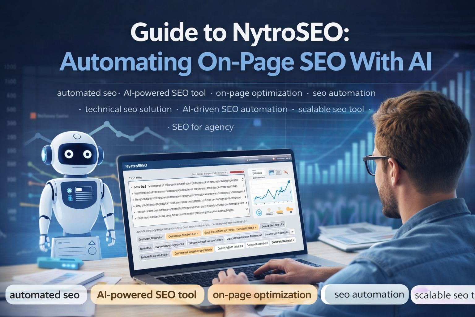 NytroSEO blog showing AI-powered SEO automation, a man using a laptop with an SEO dashboard, and a robot illustrating AI-driven on-page optimization.