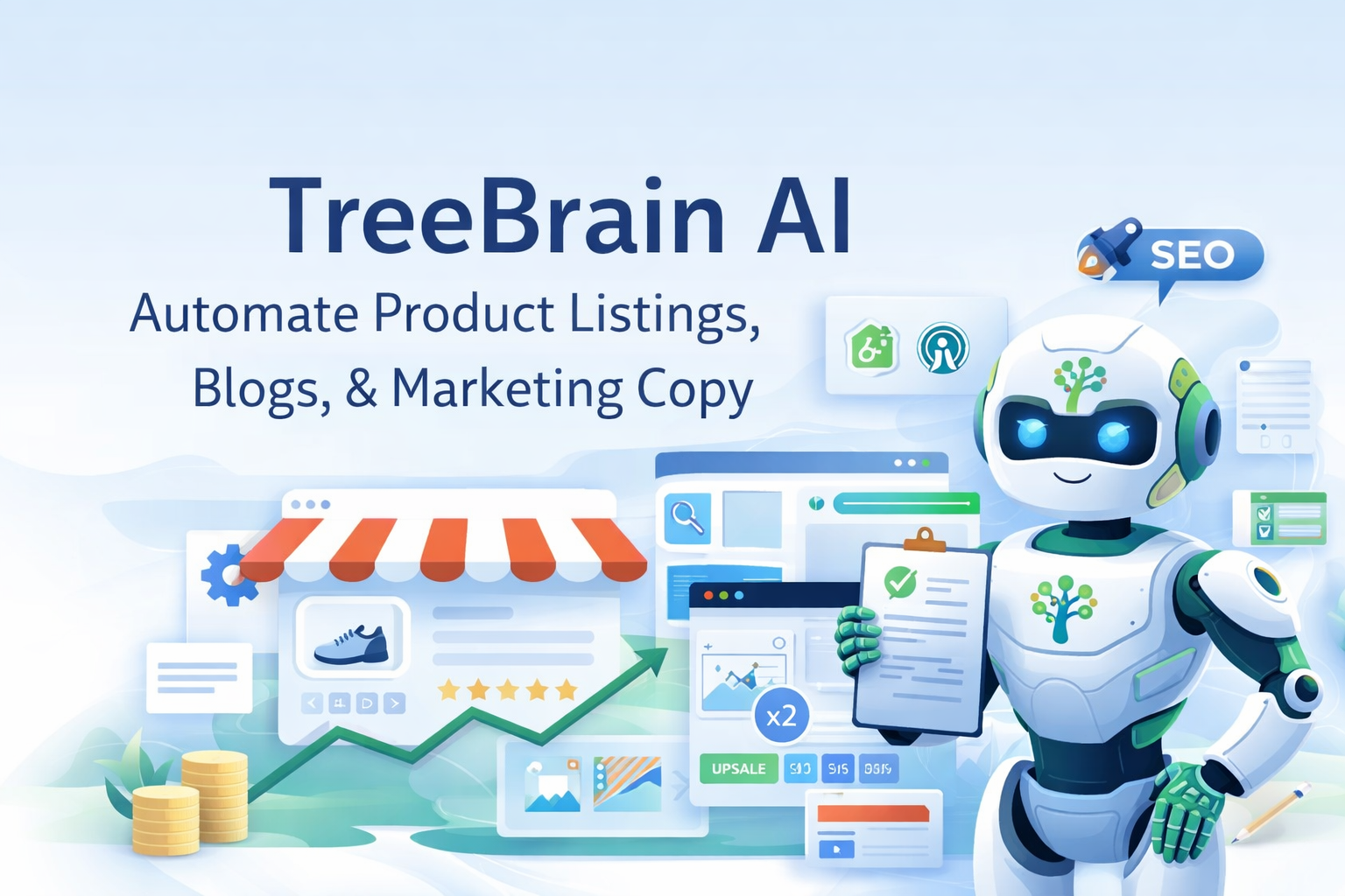 TreeBrain AI dashboard showing automated content creation for eCommerce sellers and SEO optimization