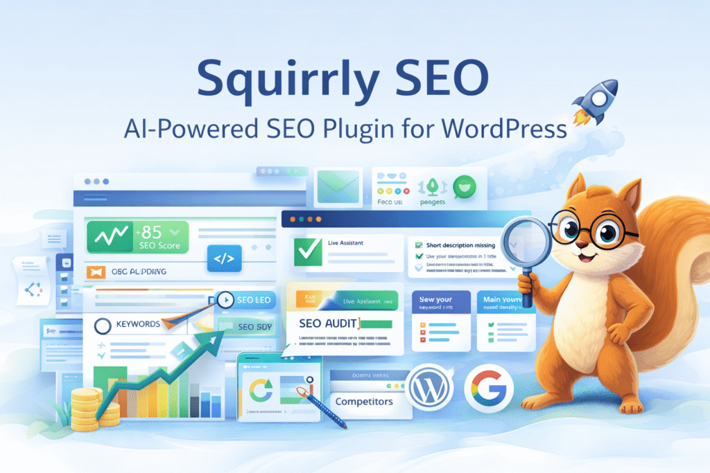 Squirrly SEO dashboard showing AI-powered keyword research, focus page analysis, and live SEO feedback for WordPress websites