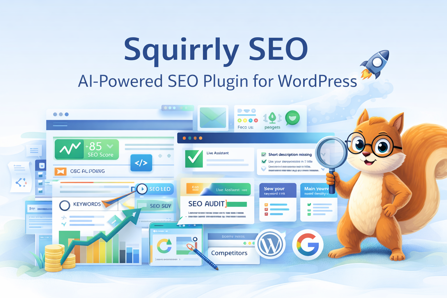 Squirrly SEO dashboard showing AI-powered keyword research, focus page analysis, and live SEO feedback for WordPress websites