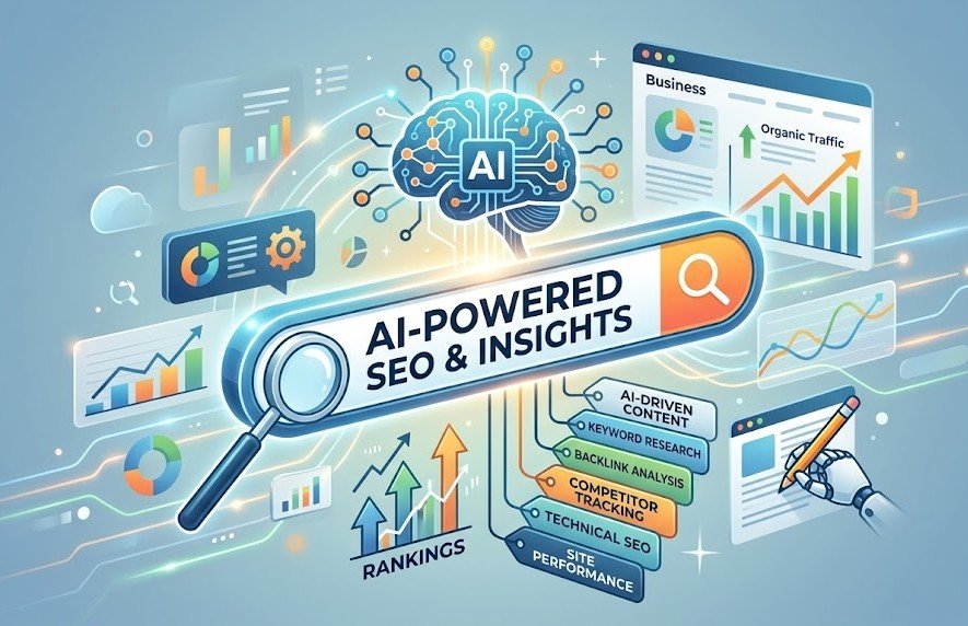 Illustration of SearchAtlas as an AI-powered SEO platform showcasing keyword research, rankings, and data insights