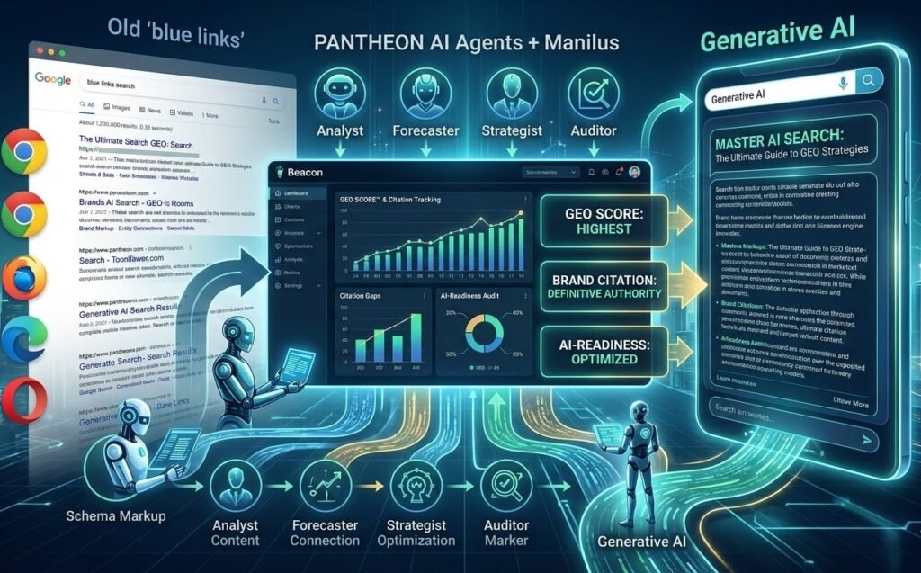 A futuristic diagram comparing old 'blue links' search with optimized 'Generative AI' results, showing the Beacon platform and AI agents optimizing content for high 'GEO SCORE' and brand authority.