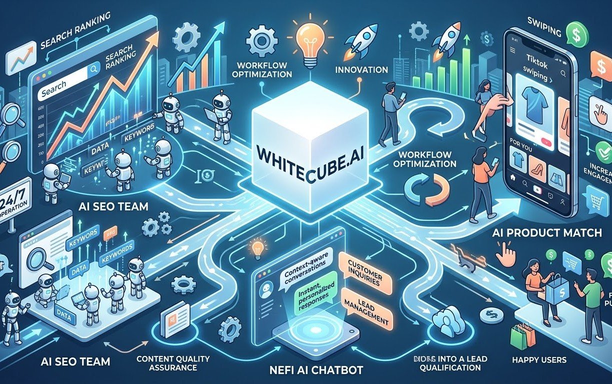 Infographic illustrating the WhiteCube.ai business growth suite, featuring its AI SEO Team, Nefi Chatbot, and mobile AI Product Match.