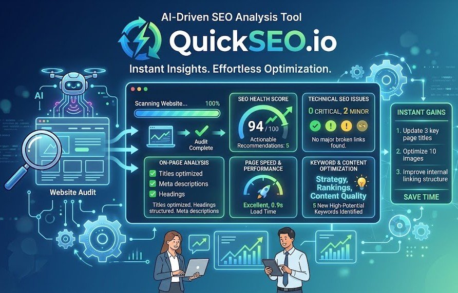 A focused professional is using the QuickSEO.io dashboard on a large monitor in a modern office setting. The screen shows an AI-driven SEO analysis with a green health score, page speed data, and keyword optimizations.