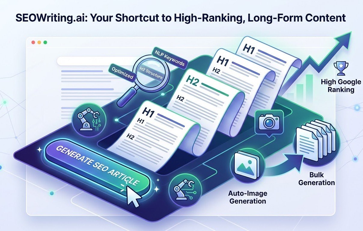Illustration showing the SEOWriting.ai workflow for generating high-ranking long-form content, featuring one-click SEO article generation, NLP keyword optimization, auto-image creation, and bulk generation tools.