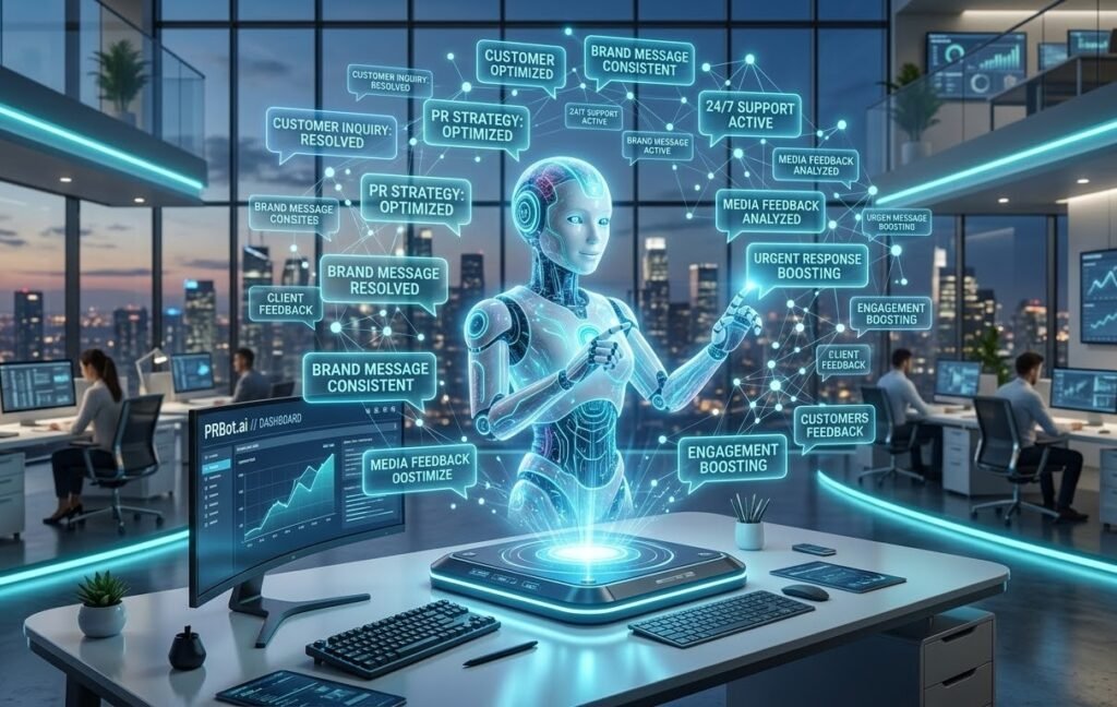 A futuristic AI hologram managing customer inquiries and public relations strategy using the PRBot.ai dashboard in a modern tech office.