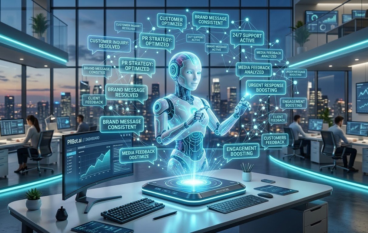 A futuristic AI hologram managing customer inquiries and public relations strategy using the PRBot.ai dashboard in a modern tech office.