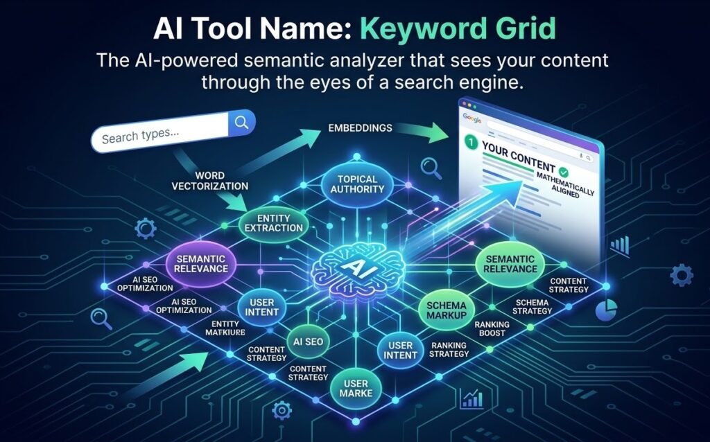 An illustrative diagram of Keyword Grid, an AI SEO optimization tool, demonstrating semantic analysis, entity extraction, and topical authority to mathematically align content for search engines.
