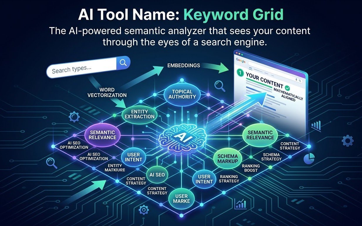 An illustrative diagram of Keyword Grid, an AI SEO optimization tool, demonstrating semantic analysis, entity extraction, and topical authority to mathematically align content for search engines.