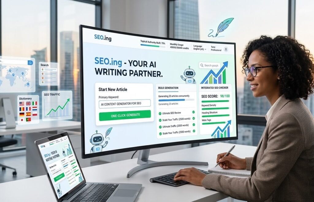 A businesswoman in a high-tech office works with the "SEO.ing - YOUR AI WRITING PARTNER" AI platform dashboard, which shows tools for generating content and checking SEO.