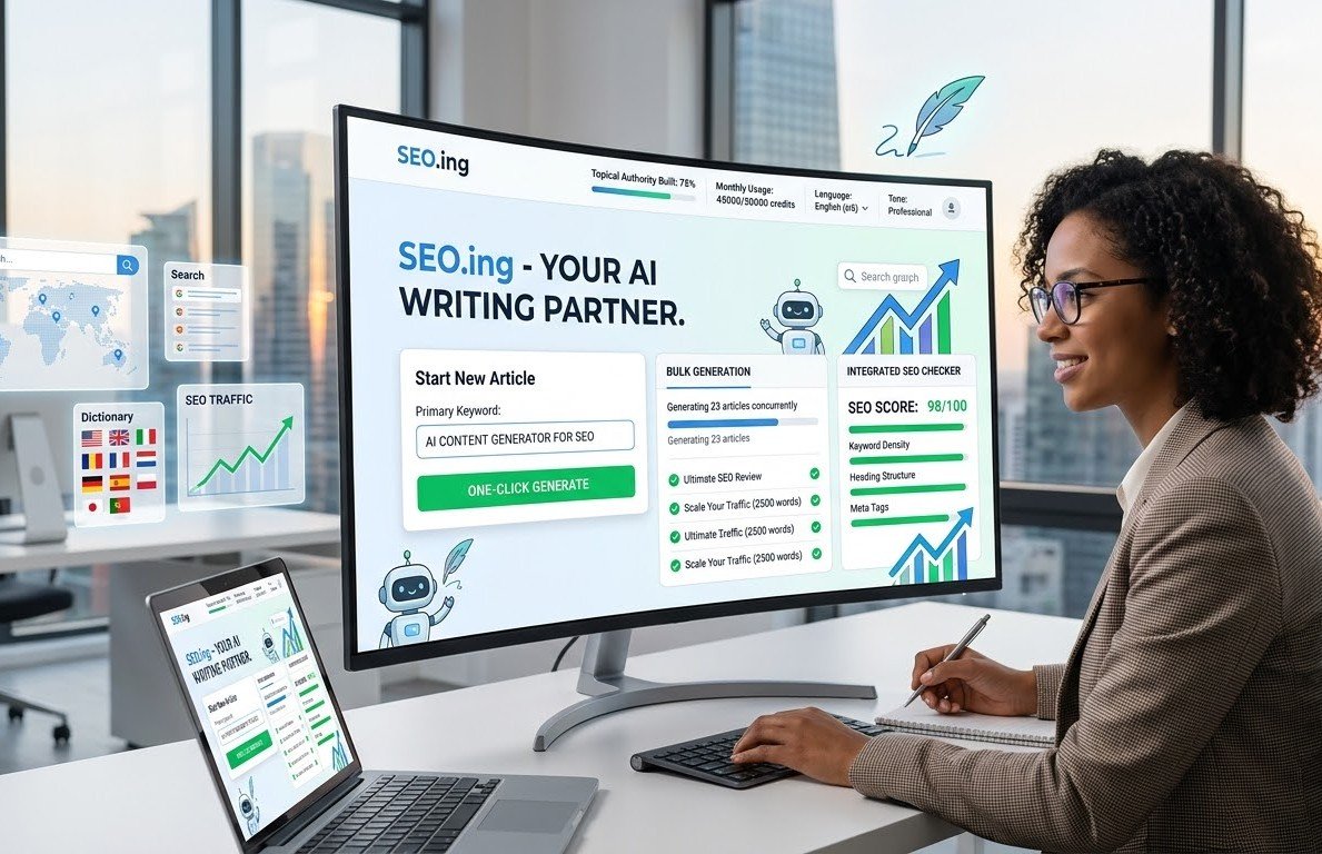 A businesswoman in a high-tech office works with the "SEO.ing - YOUR AI WRITING PARTNER" AI platform dashboard, which shows tools for generating content and checking SEO.