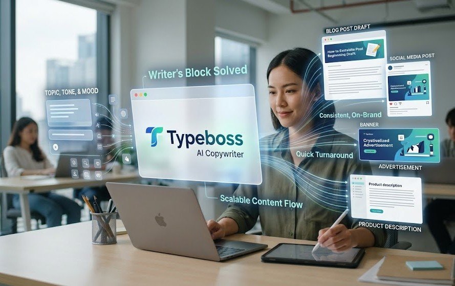A social media executive at a desk using the Typeboss AI copywriting tool on a laptop, with digital screens floating around showing automated content generation for blogs, social media posts, and ads.