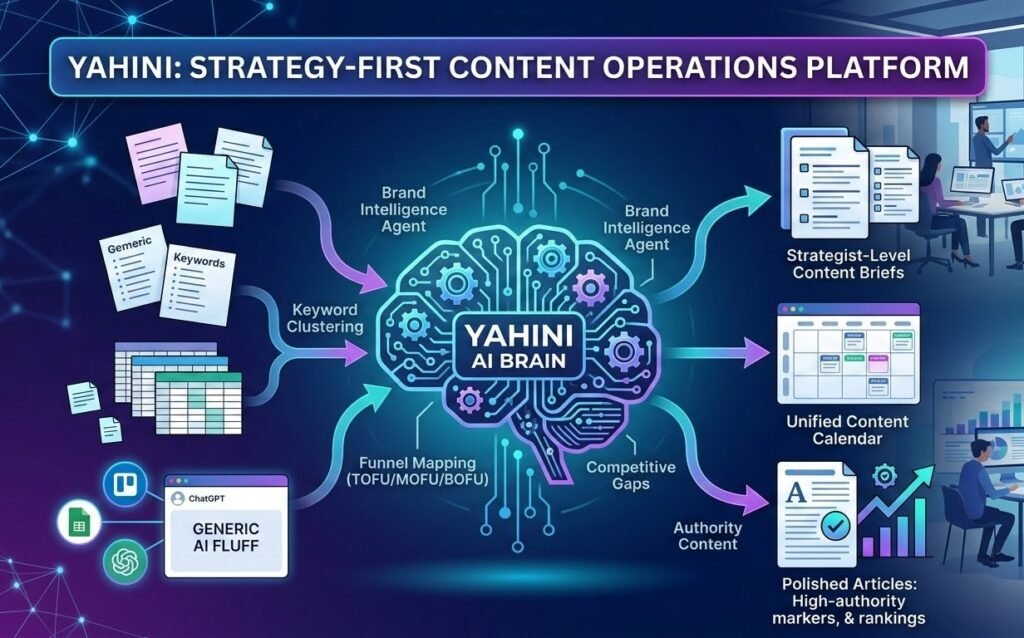 Infographic illustrating how yahini.io, an AI content operations platform, transforms generic keywords and raw data into strategist-level content briefs, a unified content calendar, and polished articles.