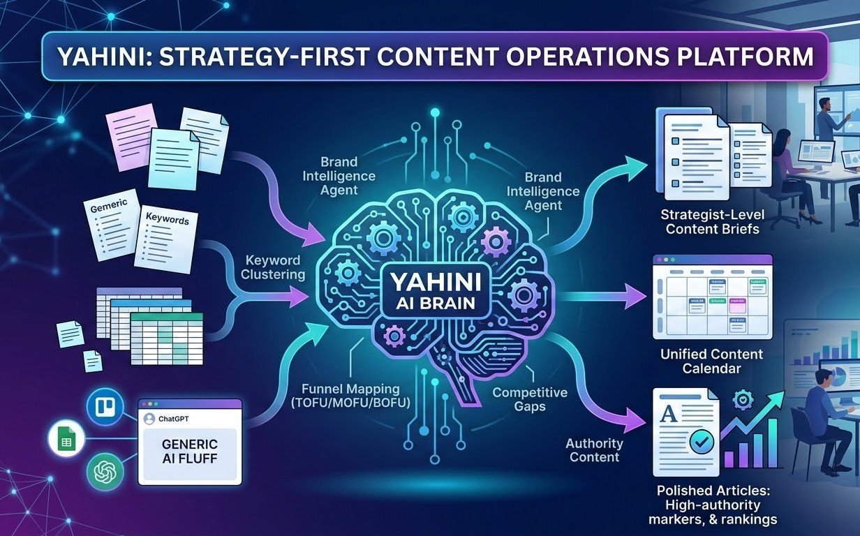 Infographic illustrating how yahini.io, an AI content operations platform, transforms generic keywords and raw data into strategist-level content briefs, a unified content calendar, and polished articles.