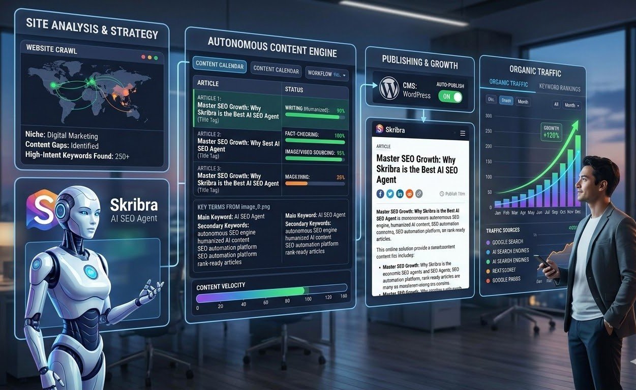 An infographic detailing the automated content workflow and performance of the Skribra AI SEO Agent, from strategy to publishing and traffic growth.