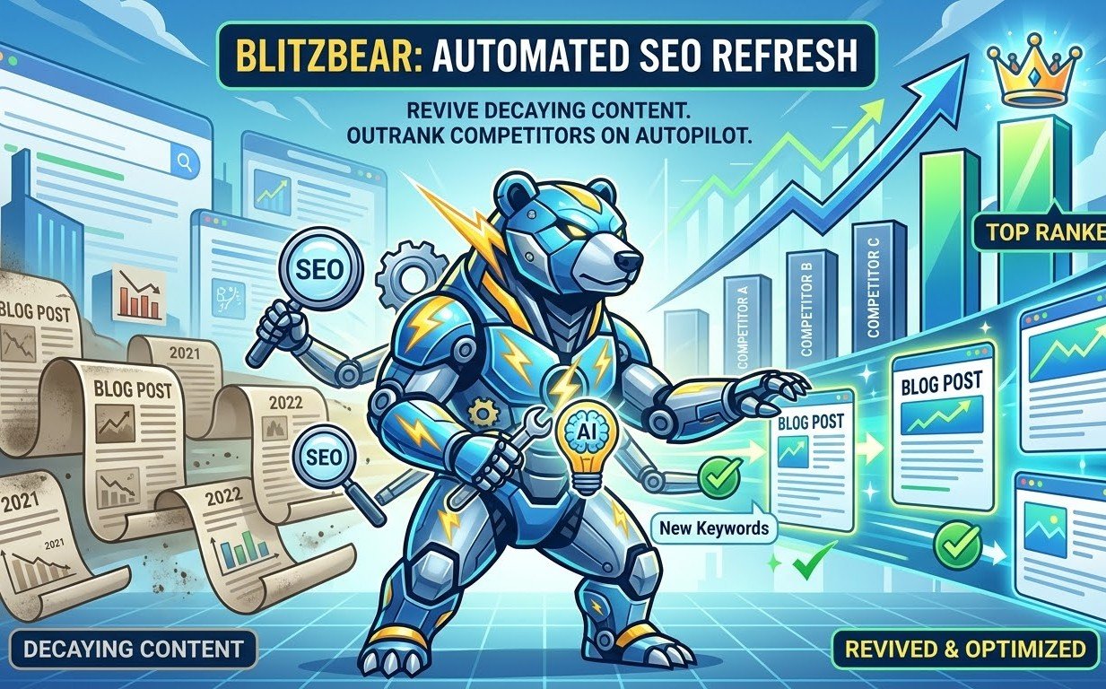 A robotic bear representing the BlitzBear AI tool transforming old, decaying blog posts into high-ranking SEO content.