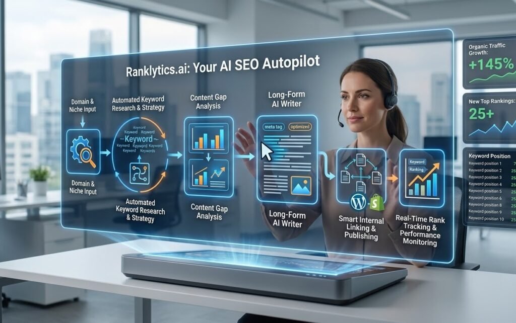 A modern businesswoman uses a large holographic interface visualizing the "Ranklytics.ai: Your AI SEO Autopilot" automated workflow, showing features from keyword research to performance tracking.