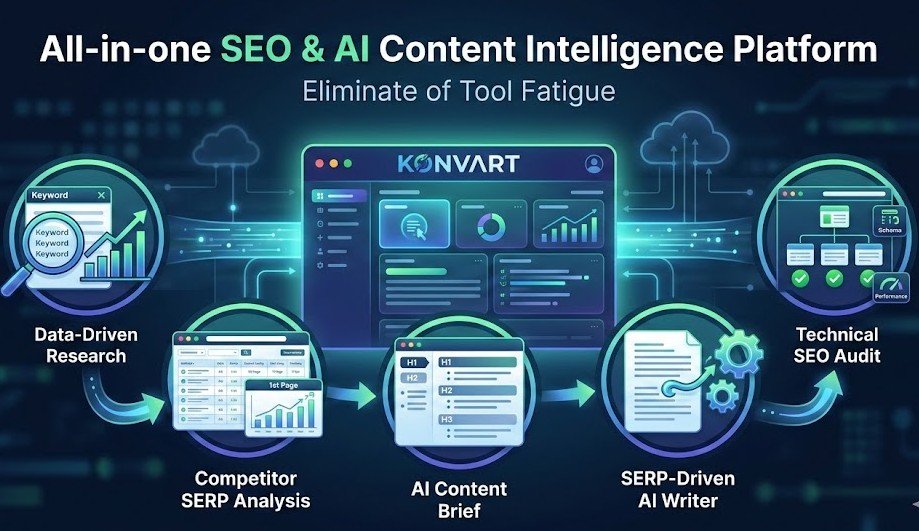 Infographic of Konvart AI: An all-in-one SEO and AI content intelligence platform showing the workflow from data-driven research and SERP analysis to AI content briefs and technical SEO audits.