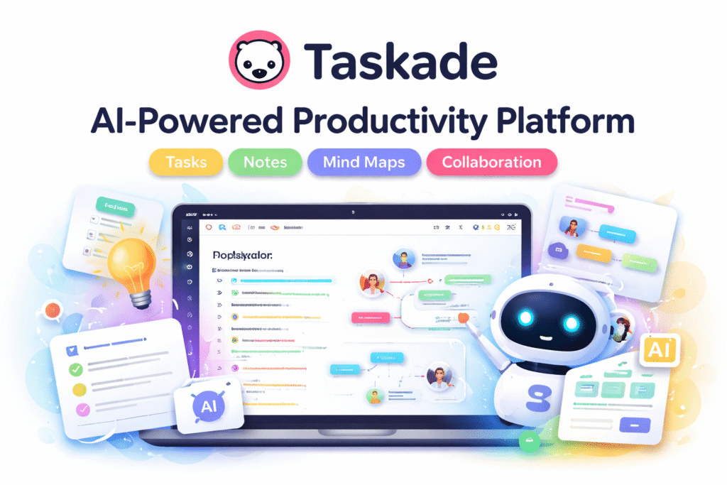 Taskade AI-powered productivity and collaboration platform showing a digital workspace with tasks, notes, mind maps, boards, and an AI assistant helping team members collaborate in real time.