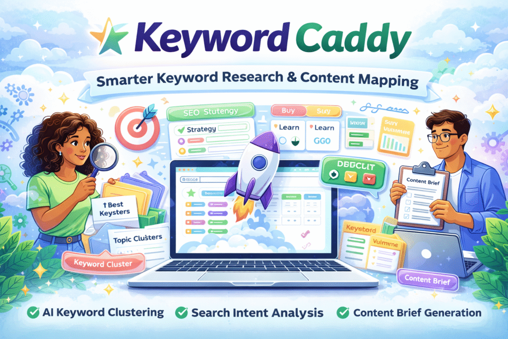 Keyword Caddy AI SEO tool featured image showing a laptop with organized keyword clusters, content briefs, charts, and two people analyzing data, illustrating AI-driven keyword research and content mapping in a colorful, professional landscape layout.