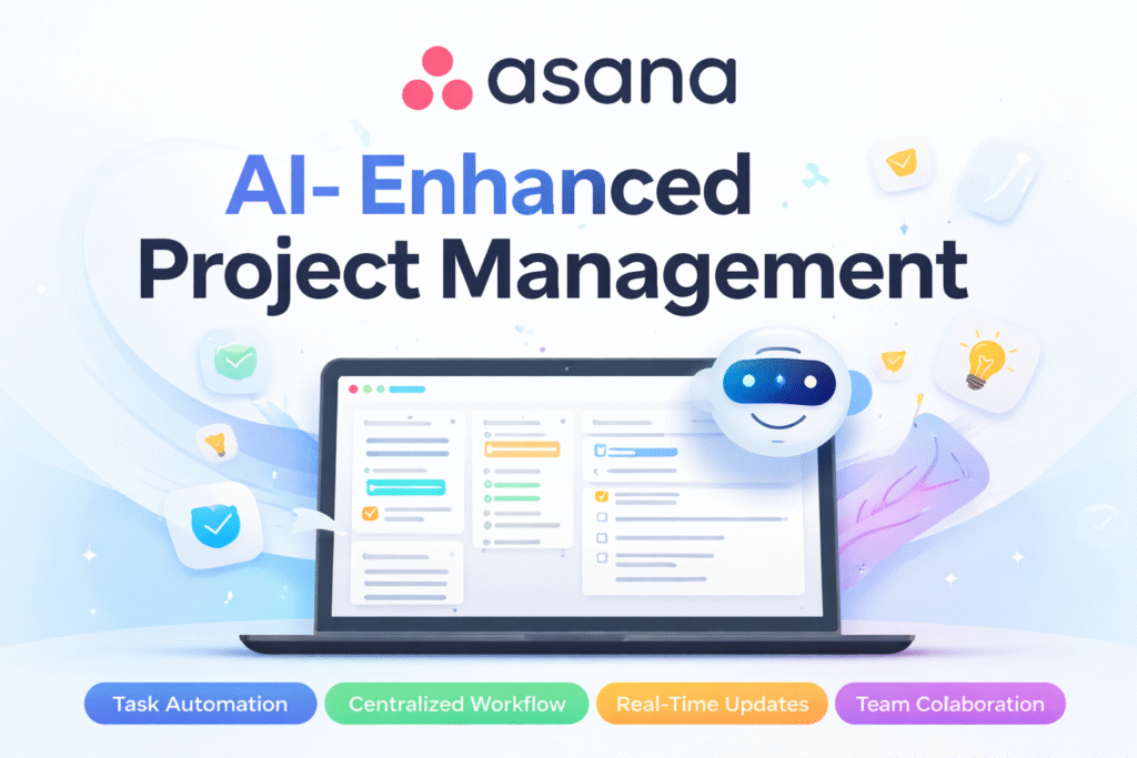 Asana, showing AI-powered project management with a laptop displaying task boards, colorful task tags, and an AI assistant, highlighting workflow automation and team collaboration.