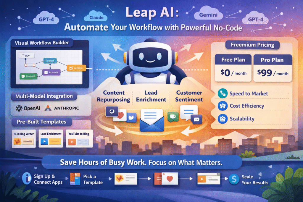 Leap AI no-code automation platform showing a robot assistant, workflow builder, AI integrations, templates, and pricing with modern tech visuals.