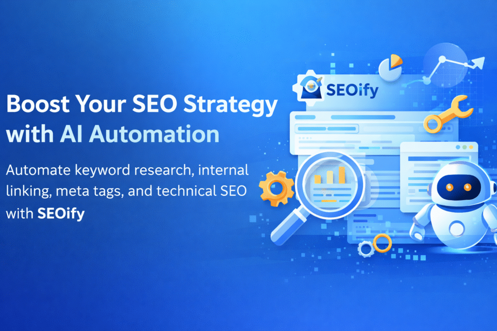 SEOify, an AI-powered SEO automation platform. Includes graphics of a robot, magnifying glass analyzing charts, gears, wrench, and digital link network, illustrating keyword research, internal linking, meta optimization, and technical SEO.