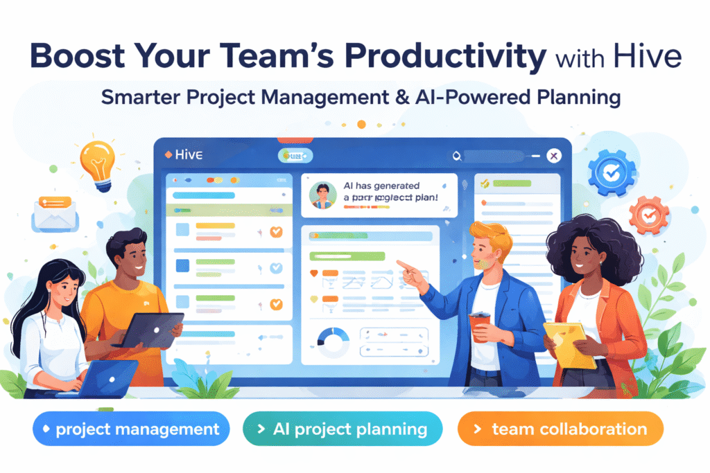 Team collaborating on Hive project management platform with AI-powered planning, task boards, and workflow automation in a modern digital dashboard.