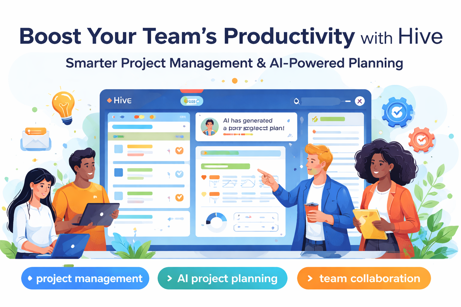 Team collaborating on Hive project management platform with AI-powered planning, task boards, and workflow automation in a modern digital dashboard.