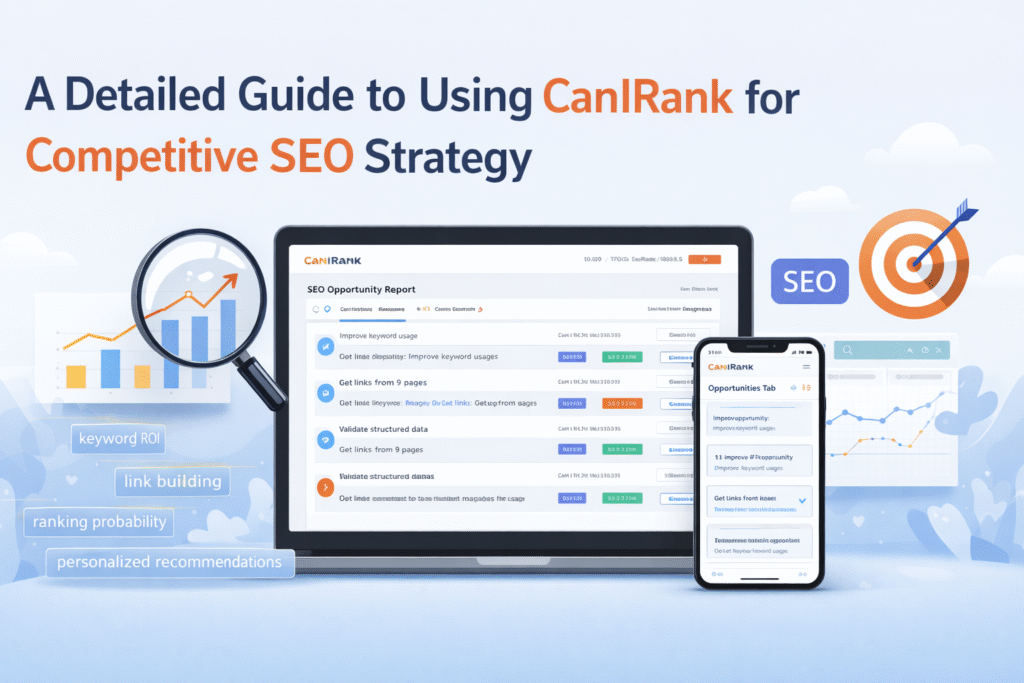 CanIRank SEO tool dashboard on a laptop and smartphone, with charts, keyword ROI, link building, ranking probability, and AI-driven recommendations, symbolizing data-driven SEO strategy and competitive growth.