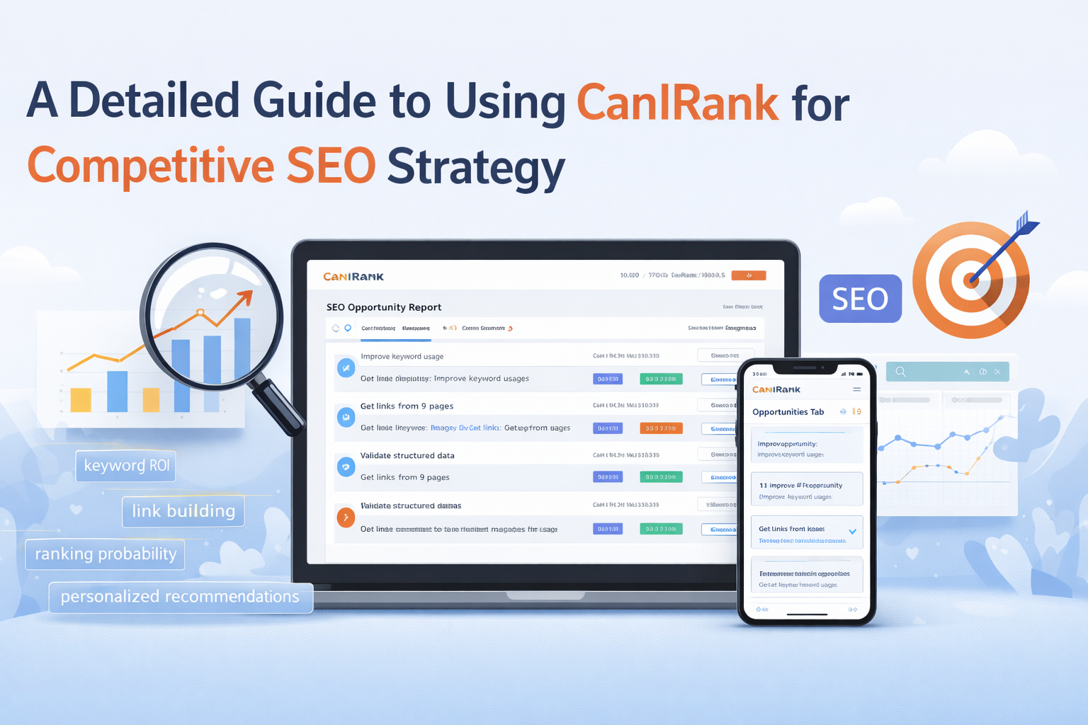 CanIRank SEO tool dashboard on a laptop and smartphone, with charts, keyword ROI, link building, ranking probability, and AI-driven recommendations, symbolizing data-driven SEO strategy and competitive growth.