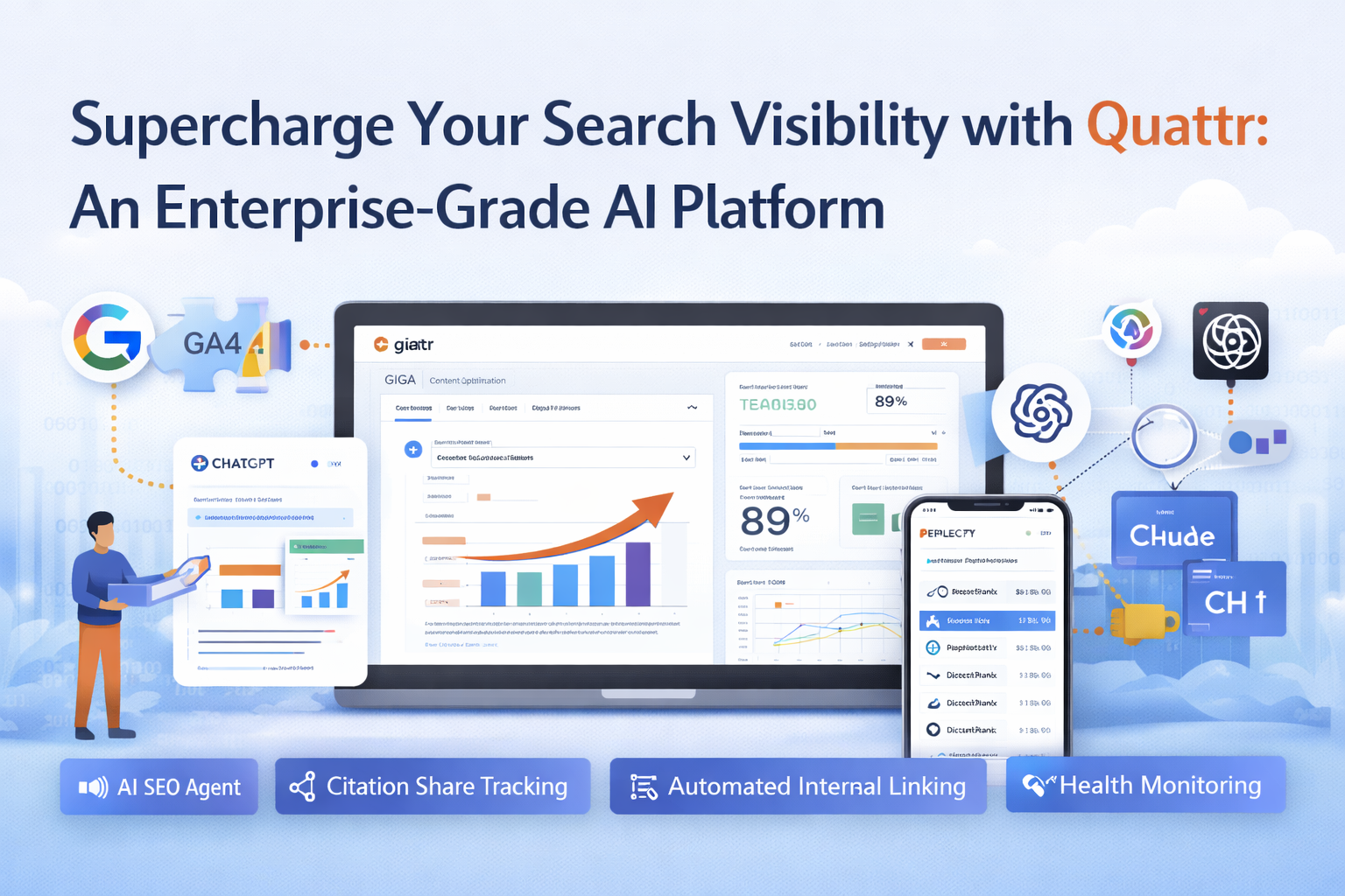 Landscape featured image showing Quattr AI SEO platform dashboard on a laptop and smartphone, with visualizations of content optimization, keyword metrics, AI SEO agent, citation share tracking, automated internal linking, and technical health monitoring, representing data-driven SEO and search visibility management.