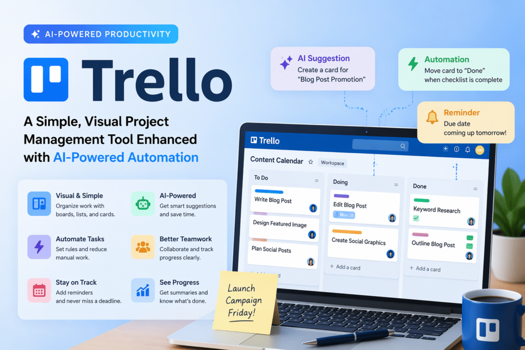 Trello project board with lists labeled To-Do, Doing, Done, colorful task cards, and AI automation icons; text highlights visual task management, AI-powered automation, reminders, and progress tracking, set in a clean, professional workspace with a cup of coffee and pen.