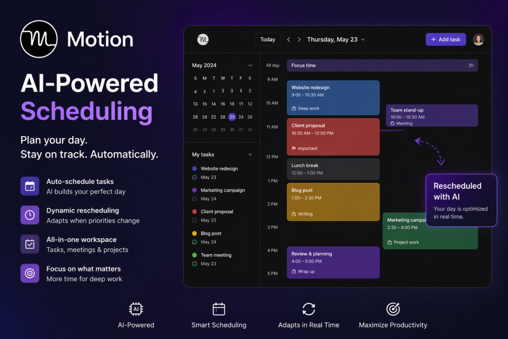 Motion AI-powered scheduler interface showing an organized daily calendar with tasks, meetings, and dynamic rescheduling. Modern digital workspace with AI automation, task management, and productivity optimization for professionals