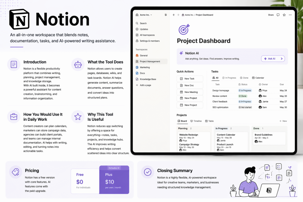 Notion all-in-one AI-powered workspace on a laptop screen showing project dashboard, task boards, calendars, notes, and AI writing assistant, highlighting productivity, collaboration, and project management features.
