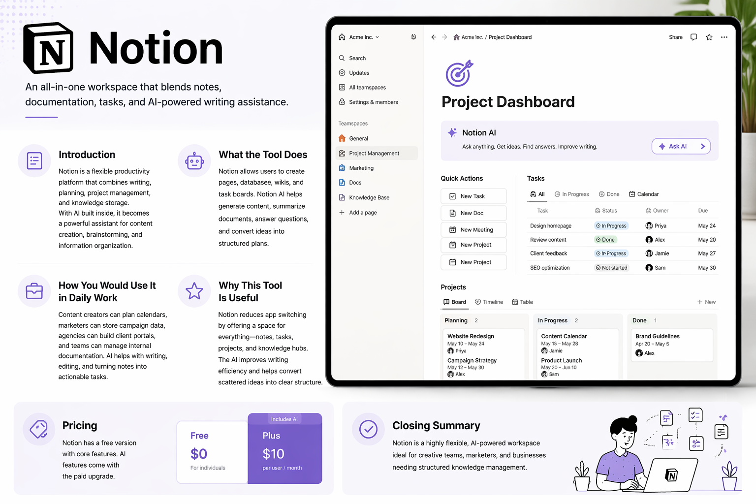 Notion all-in-one AI-powered workspace on a laptop screen showing project dashboard, task boards, calendars, notes, and AI writing assistant, highlighting productivity, collaboration, and project management features.