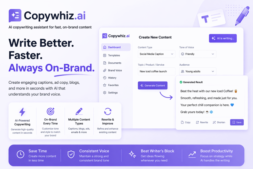 Copywhiz.ai AI-powered copywriting interface showing a laptop screen with content creation dashboard, social media caption generation, and brand voice customization for marketers.